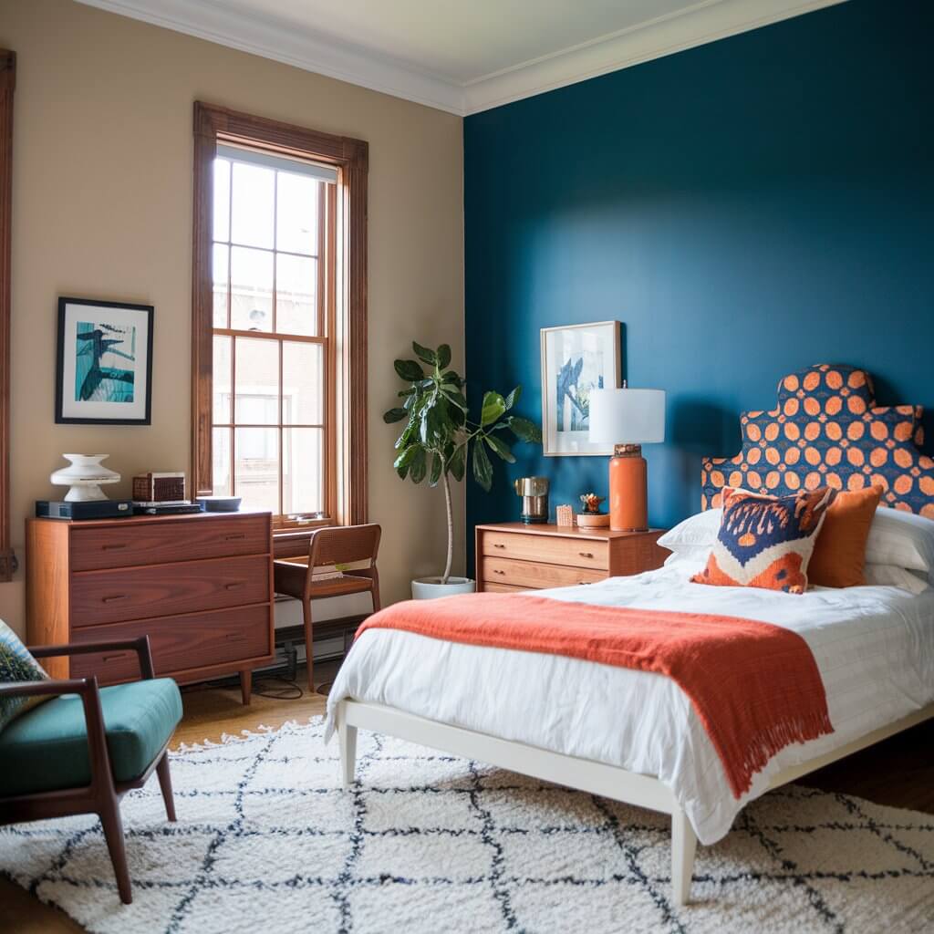 12 Stunning Urban Bedroom Ideas You Need to Try 6 An urban bedroom featuring a modern design that demonstrates how to use bold colors sparingly, showcasing an accent wall in a vibrant hue, complemented by neutral bedding and minimalist decor. This stylish bedroom blends contemporary aesthetics with urban charm, highlighting clever use of color to create a dynamic yet balanced space.