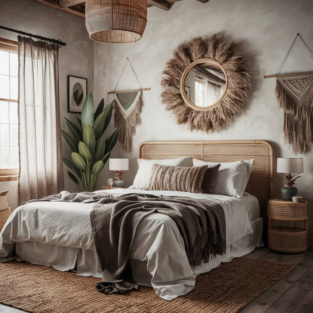 Earthy bedroom ideas featuring organic textures with a cozy, natural feel. The room showcases organic linens, woven accents, and raw wood elements, creating a warm, inviting atmosphere. Neutral tones blend with earthy textures like jute rugs, natural fiber blankets, and reclaimed wood furniture, adding depth and character. Ideal for a sustainable and serene bedroom, this decor embraces eco-friendly materials, grounding the space with a calm, earthy aesthetic.