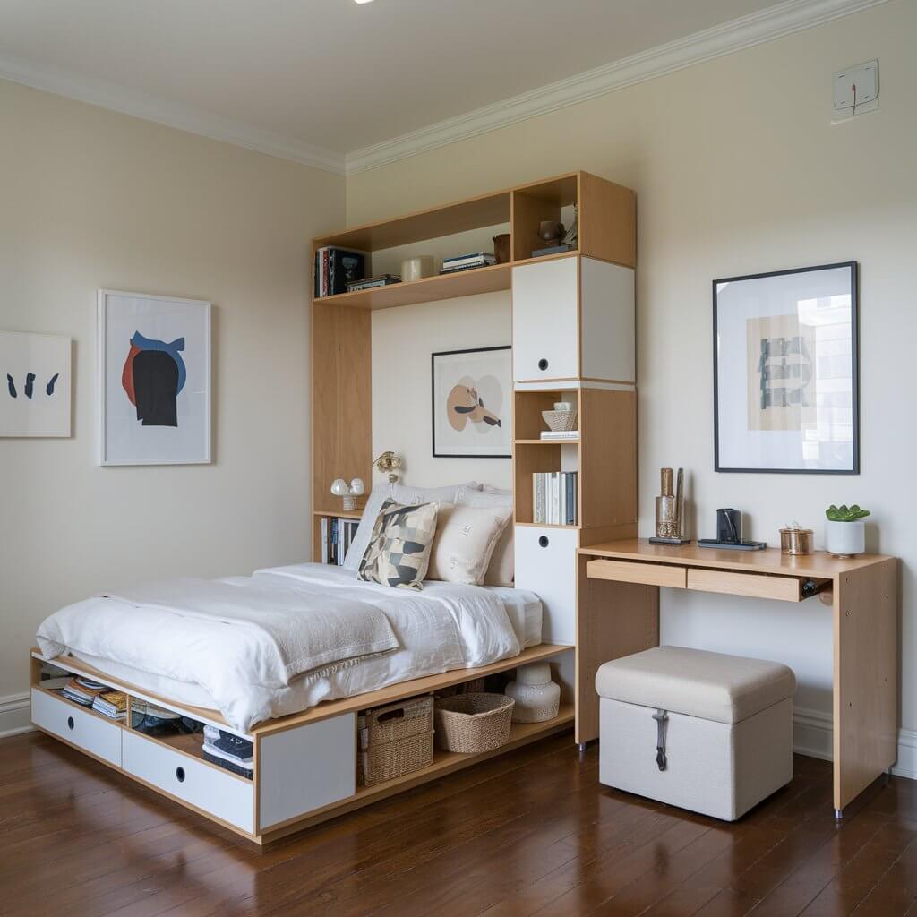12 Stunning Urban Bedroom Ideas You Need to Try 4 Urban bedroom ideas featuring multi-functional furniture, showcasing a stylish bed with built-in storage, a sleek desk that doubles as a nightstand, and an innovative ottoman that provides extra seating and storage. This design emphasizes space-saving solutions and modern aesthetics, perfect for maximizing comfort and functionality in small urban living spaces.