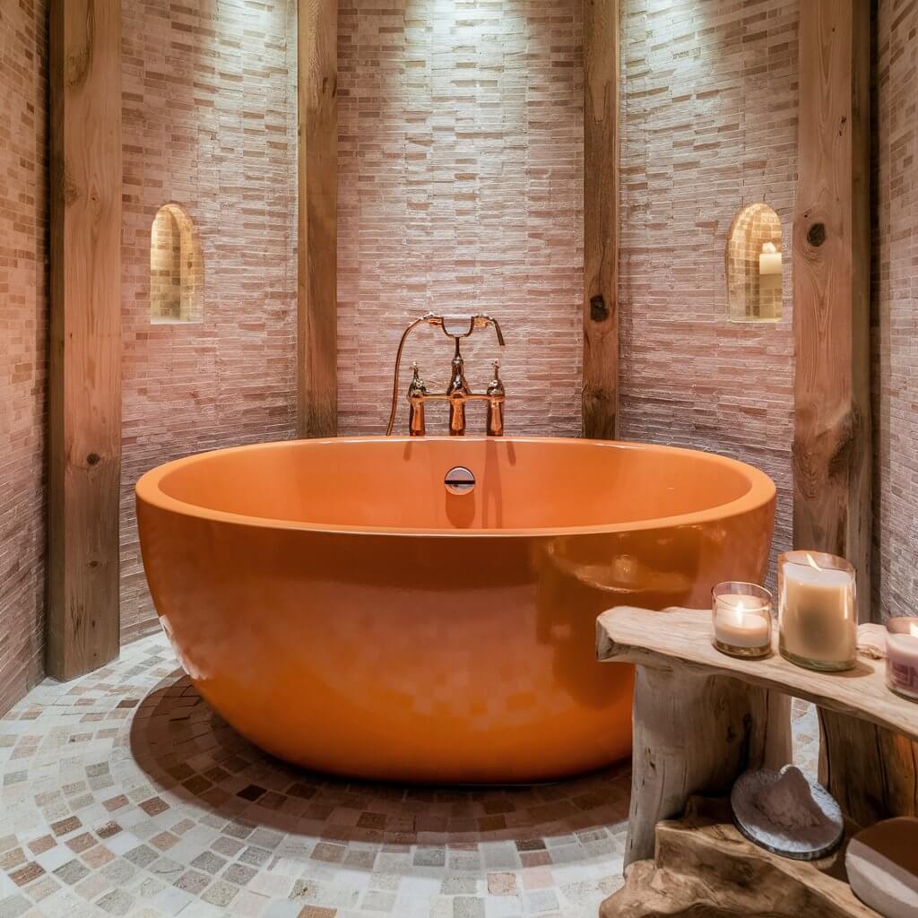 10 Stunning Orange Bathroom Ideas You’ll Want to Copy 3 Vibrant orange bathtub in a stylish bathroom design featuring modern fixtures, complementary decor, and bright accents, showcasing creative orange bathroom ideas for a bold and refreshing look.