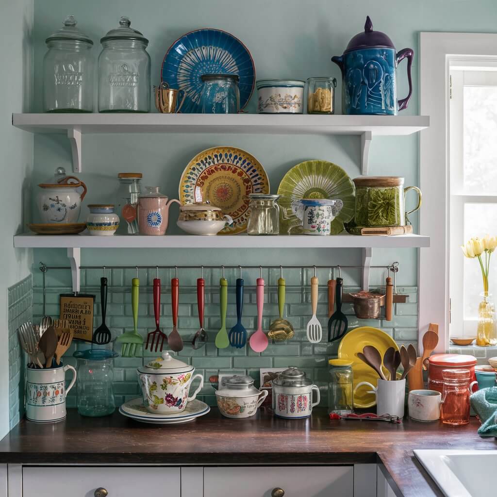 14 Vintage Kitchen Ideas That Will Inspire Your Next Remodel 9 Cozy vintage kitchen filled with charming retro accessories, including antique glass jars, rustic wooden shelves, and a classic farmhouse sink. Vintage-inspired cookware and decor pieces like enamel pots, brass utensils, and old-fashioned scales add a nostalgic touch, creating a warm and timeless atmosphere. Perfect inspiration for anyone looking to incorporate vintage kitchen accessories into their home design.