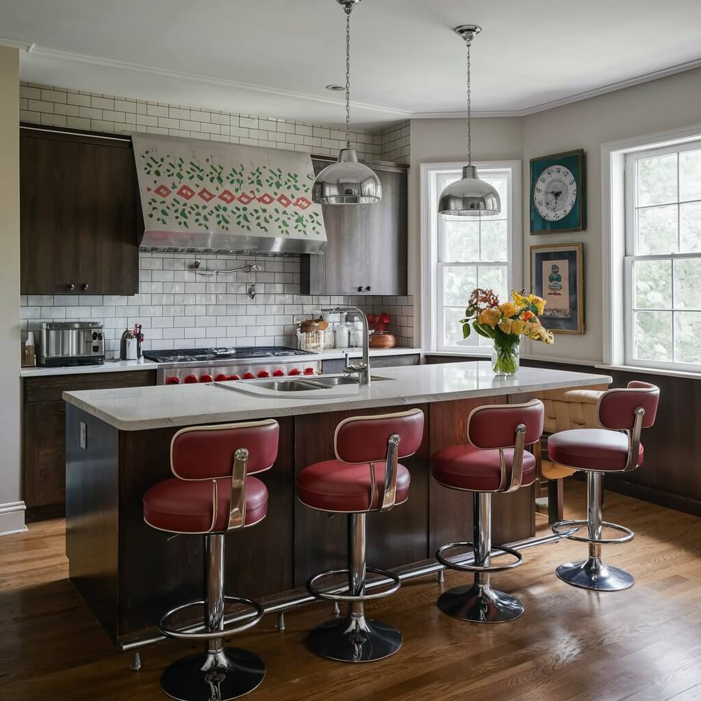 14 Vintage Kitchen Ideas That Will Inspire Your Next Remodel 7 Charming vintage kitchen featuring classic wooden bar stools with distressed finish, complementing the rustic farmhouse décor. The retro bar stools with metal accents add a nostalgic touch, enhancing the warm and cozy atmosphere of the kitchen. Ideal for a vintage-inspired kitchen design, these stools bring a blend of style and function, perfect for a timeless yet practical space.
