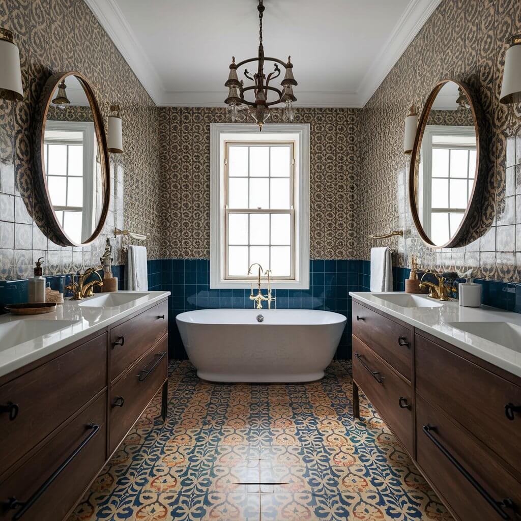 13 Unique Luxury Bathroom Tile Designs to Consider 11 Stunning luxury bathroom showcasing vintage-inspired tiles in elegant patterns and rich colors. This exquisite tile design blends classic charm with modern luxury, featuring intricate motifs that elevate the bathroom's aesthetic. Perfect for those seeking unique bathroom tile designs that bring sophistication and timeless beauty to their space.