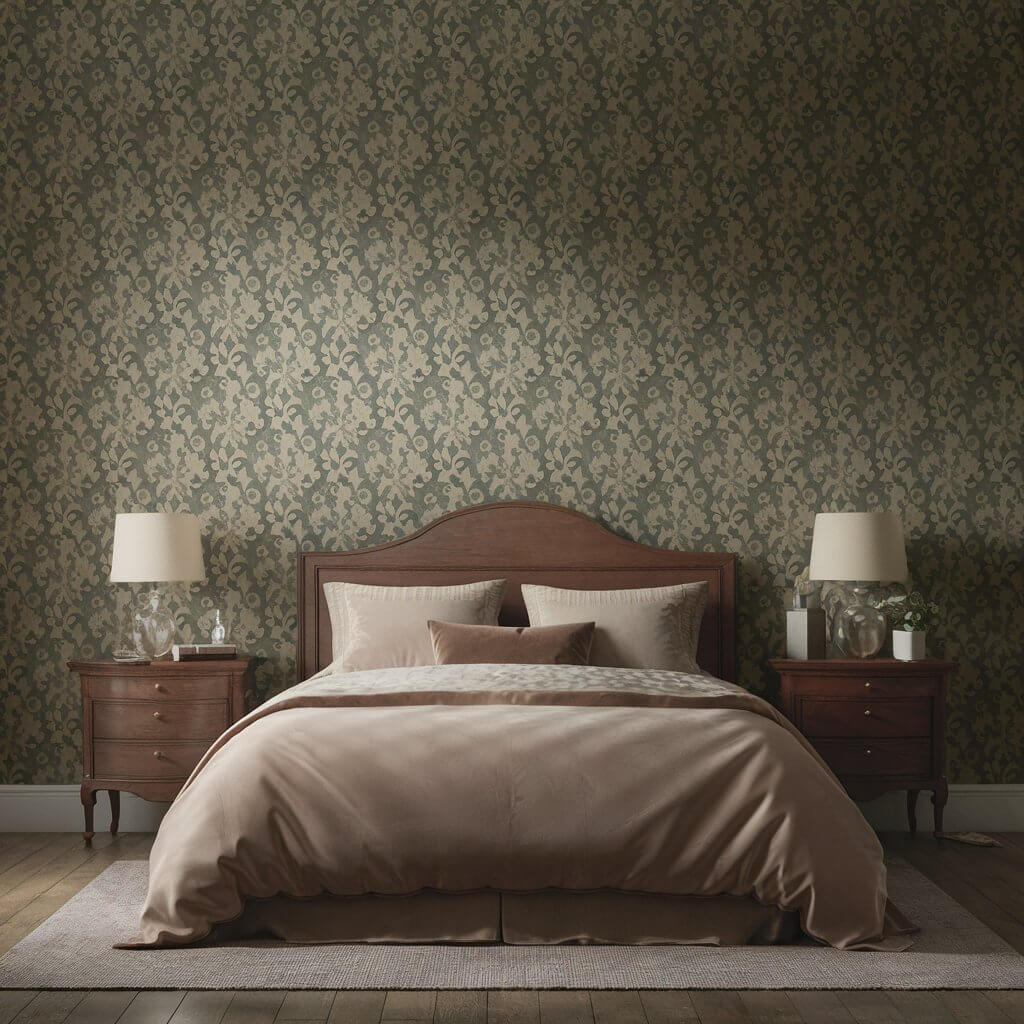 Cozy vintage bedroom featuring vintage-inspired wallpaper with intricate floral patterns, evoking a timeless, nostalgic charm. The soft, muted colors of the wallpaper create a warm, inviting ambiance, perfect for enhancing a retro-inspired bedroom decor. Ideal for vintage bedroom decor ideas, this classic wallpaper design adds elegance and character, blending seamlessly with antique furniture and vintage accessories for a truly charming look.