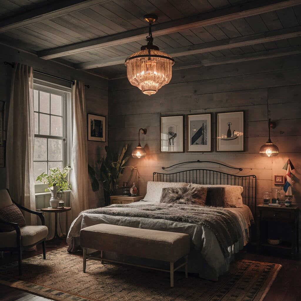 Elegant vintage lighting fixtures illuminating a cozy bedroom with antique decor elements. The vintage brass chandeliers and retro bedside lamps add a nostalgic touch, enhancing the room's timeless charm. Perfect for those seeking vintage bedroom decor ideas with a focus on classic lighting styles to create a warm and inviting atmosphere