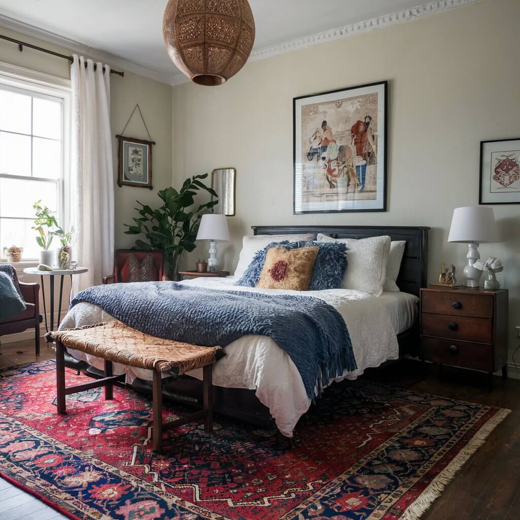 Cozy vintage bedroom featuring a stunning vintage rug with intricate patterns, adding a timeless touch to the decor. The rug’s muted colors perfectly complement the classic wooden furniture, enhancing the room’s nostalgic charm. Ideal for those seeking vintage bedroom decor ideas, this scene showcases how a vintage rug can transform any space into a warm and inviting retreat