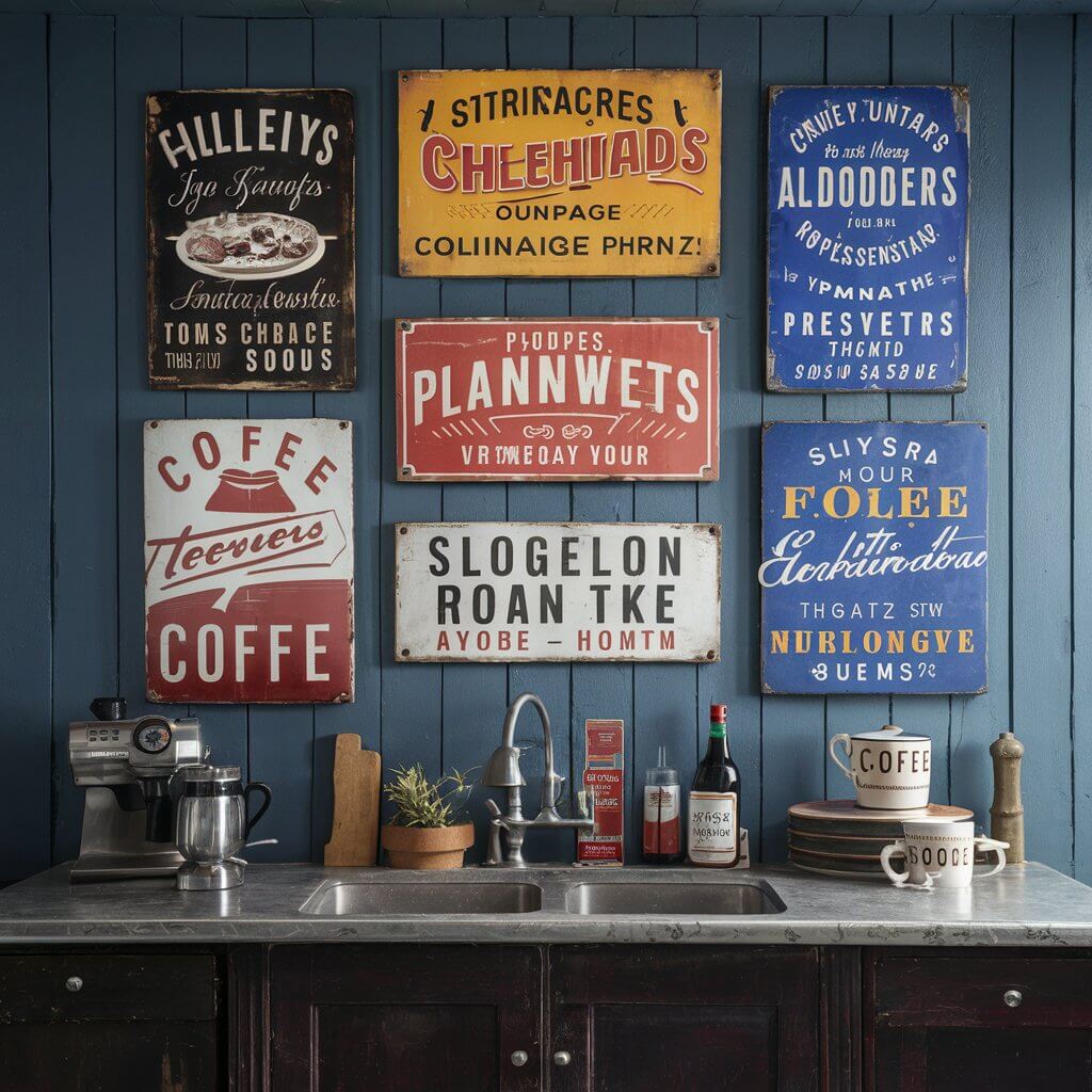 14 Vintage Kitchen Ideas That Will Inspire Your Next Remodel 12 Charming vintage kitchen decor featuring retro-inspired signage. The rustic metal signs with classic typography add an authentic, nostalgic touch to the space, perfect for those looking to create a cozy vintage kitchen vibe. The distressed finishes on the vintage signage complement the wooden cabinetry and retro appliances, enhancing the kitchen's timeless appeal