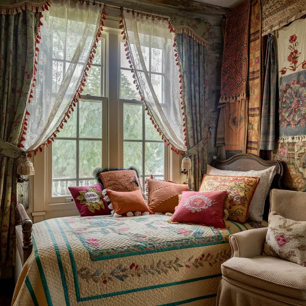 Cozy vintage bedroom featuring a stunning array of vintage textiles, including a patchwork quilt, embroidered cushions, and lace curtains. The blend of antique fabrics and retro patterns adds charm and warmth to the room, creating a nostalgic and inviting atmosphere. Perfect for those seeking timeless vintage bedroom decor ideas with a focus on unique, handcrafted textiles.