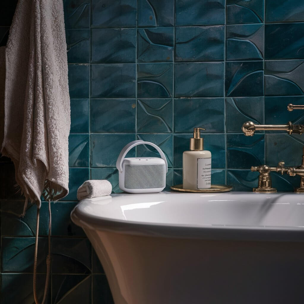 10 Must-Have Spa Bathroom Accessories for a Relaxing Retreat 9 A stylish waterproof Bluetooth speaker designed for spa bathroom accessories, showcasing a sleek and modern aesthetic. Perfect for creating a relaxing atmosphere, this portable speaker delivers high-quality sound while resisting moisture, making it an ideal addition to your spa-inspired bathroom. Enhance your self-care routine with this essential accessory, combining functionality and elegance for a luxurious bathing experience.