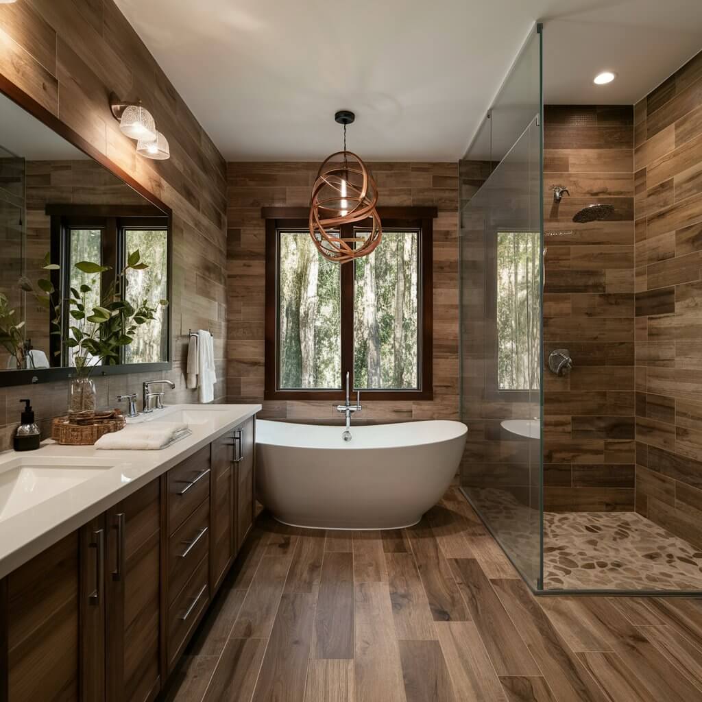 13 Unique Luxury Bathroom Tile Designs to Consider 5 Elegant luxury bathroom featuring wood-look tiles, seamlessly blending natural aesthetics with modern sophistication. The textured wood-look tile design adds warmth and style, creating a spa-like retreat. Perfect for upscale bathroom renovations, these tiles bring a timeless, organic feel while offering durability and easy maintenance. Ideal for luxury bathroom tile designs that prioritize both beauty and functionality.