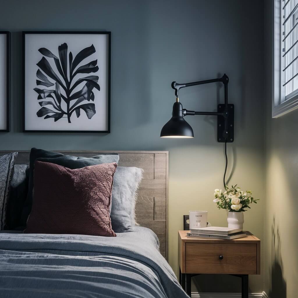 13 Creative Small Bedroom Lighting Ideas to Brighten Your Space 11 Stylish adjustable swing arm wall lamps in a cozy small bedroom, showcasing space-saving lighting solutions that enhance decor while providing versatile illumination. Perfect for modern and minimalist interiors, these lamps offer functional design and aesthetic appeal, making them ideal for small bedroom lighting ideas.