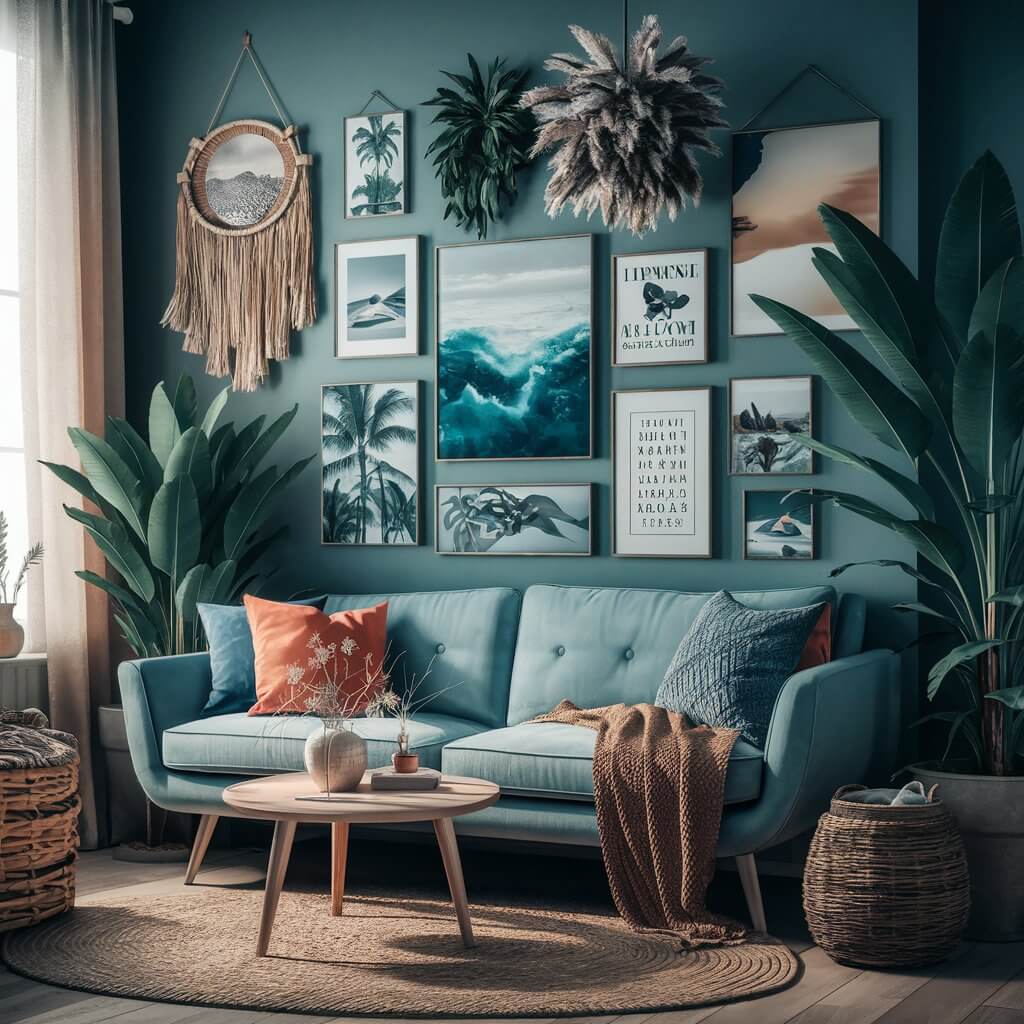14 Creative Tropical Living Room Ideas to Spice Up Your Home Décor 9 Artful wall decor in a tropical living room featuring vibrant botanical prints, natural wood accents, and lush greenery. This inviting space blends tropical design elements with cozy modern furnishings, creating a serene oasis perfect for relaxation. Bright pops of color, woven textures, and tropical-inspired artwork complete the look, embodying stylish and exotic tropical living room ideas.