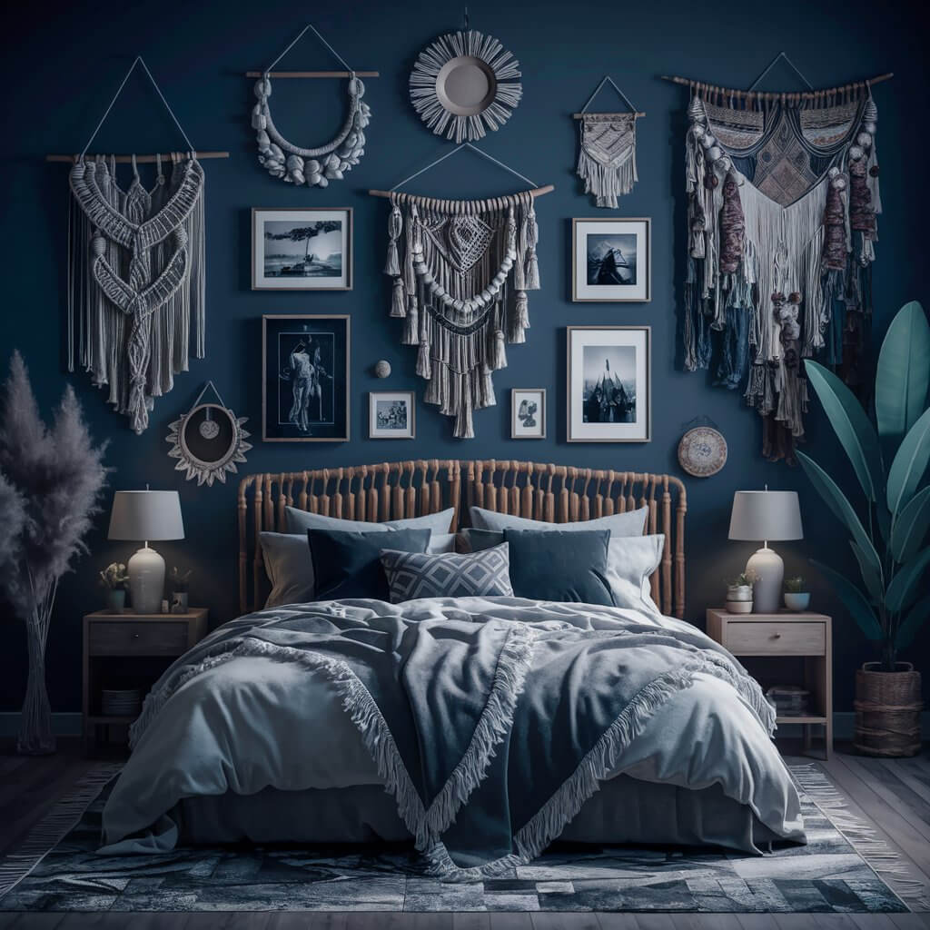 13 Dark Boho Bedroom Ideas That Will Inspire Your Next Redecorating Project 6 Artful wall hangings adorn this dark boho bedroom, creating an atmosphere rich in texture and mystique. The room features deep, moody tones complemented by eclectic patterns, woven textiles, and vintage-inspired accents that highlight the bohemian aesthetic. The artistic wall décor enhances the space's layered, cozy vibe, perfect for those seeking unique and stylish dark boho bedroom ideas.