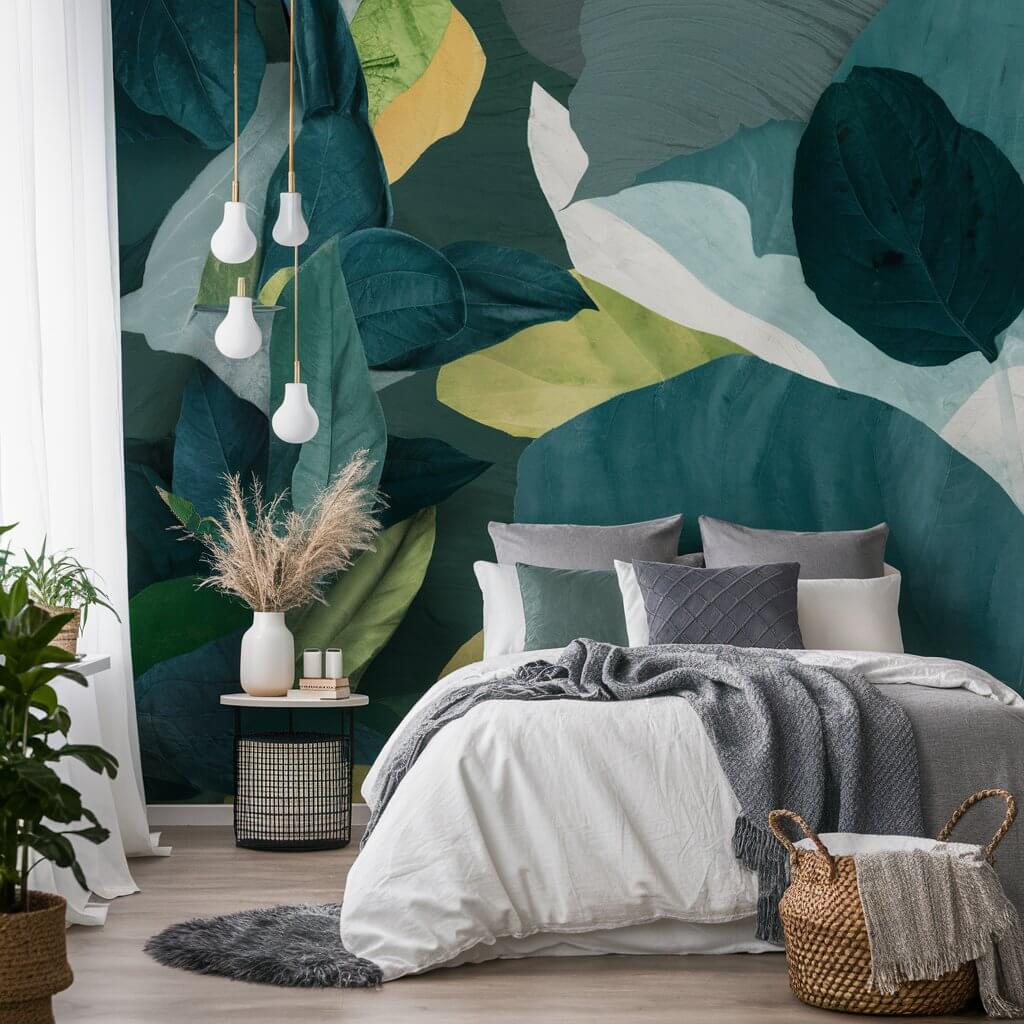 13 Stunning Green Bedroom Wallpaper Ideas You’ll Love 11 Green Bedroom Wallpaper Ideas featuring Artistic Abstracts with a modern, vibrant design. This unique wallpaper showcases swirling shapes and bold hues of green, creating a dynamic and stylish atmosphere in any bedroom. Perfect for adding an artistic touch to your space, these abstract patterns combine the calming effect of green with contemporary aesthetics. Ideal for those seeking a trendy, yet soothing bedroom look, this wallpaper brings both color and creativity into your interior design.