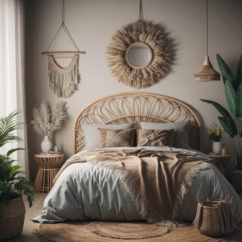 13 Stunning Master Bedroom Headboard Ideas You Need to See 3 Cozy bohemian bedroom featuring a stylish rattan headboard, perfect for adding a touch of natural elegance and texture. This unique bedroom headboard idea blends organic materials with boho-inspired decor for a relaxed and inviting atmosphere, ideal for creating a chic and trendy sleeping space.