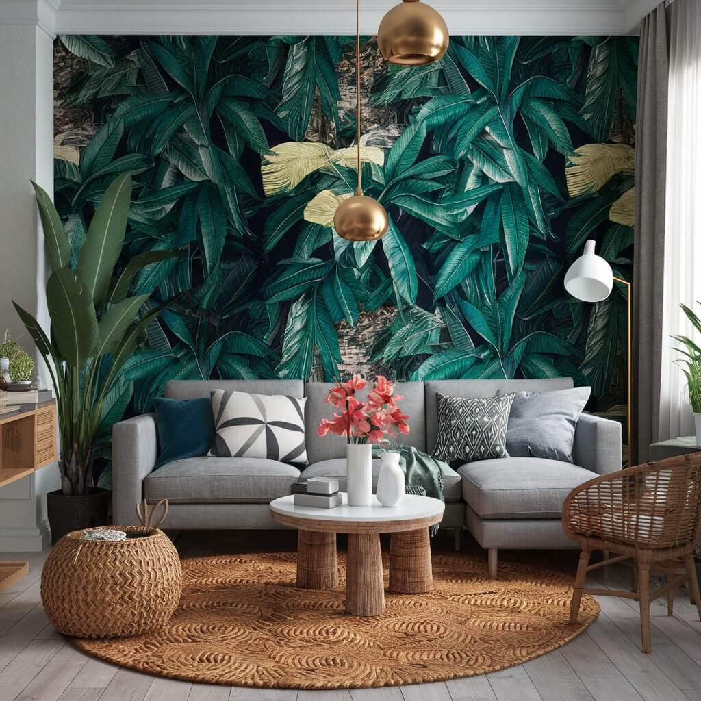 14 Creative Tropical Living Room Ideas to Spice Up Your Home Décor 13 Vibrant tropical living room featuring bold area rugs with bright colors and unique patterns, enhancing the tropical theme with a mix of lush greenery, textured furniture, and tropical decor accents. The bold area rug serves as a statement piece, adding warmth and personality to the space while complementing the natural, tropical elements for a cozy yet stylish ambiance.
