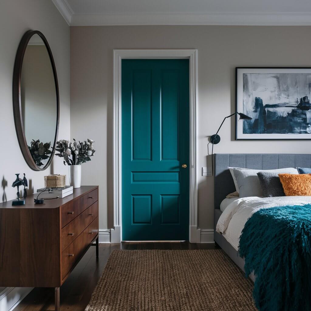 12 Modern Bedroom Door Ideas to Elevate Your Interior Design 5 Bold-colored bedroom door idea featuring a striking, vibrant red door that adds a pop of color to a modern bedroom design. This unique bedroom door option showcases how a bold color choice can create a focal point, enhancing the room’s aesthetic and personalizing the space with character. Ideal for contemporary or eclectic bedroom decor, this eye-catching door idea combines style with functionality, making it perfect for those seeking creative bedroom door ideas with a touch of color.