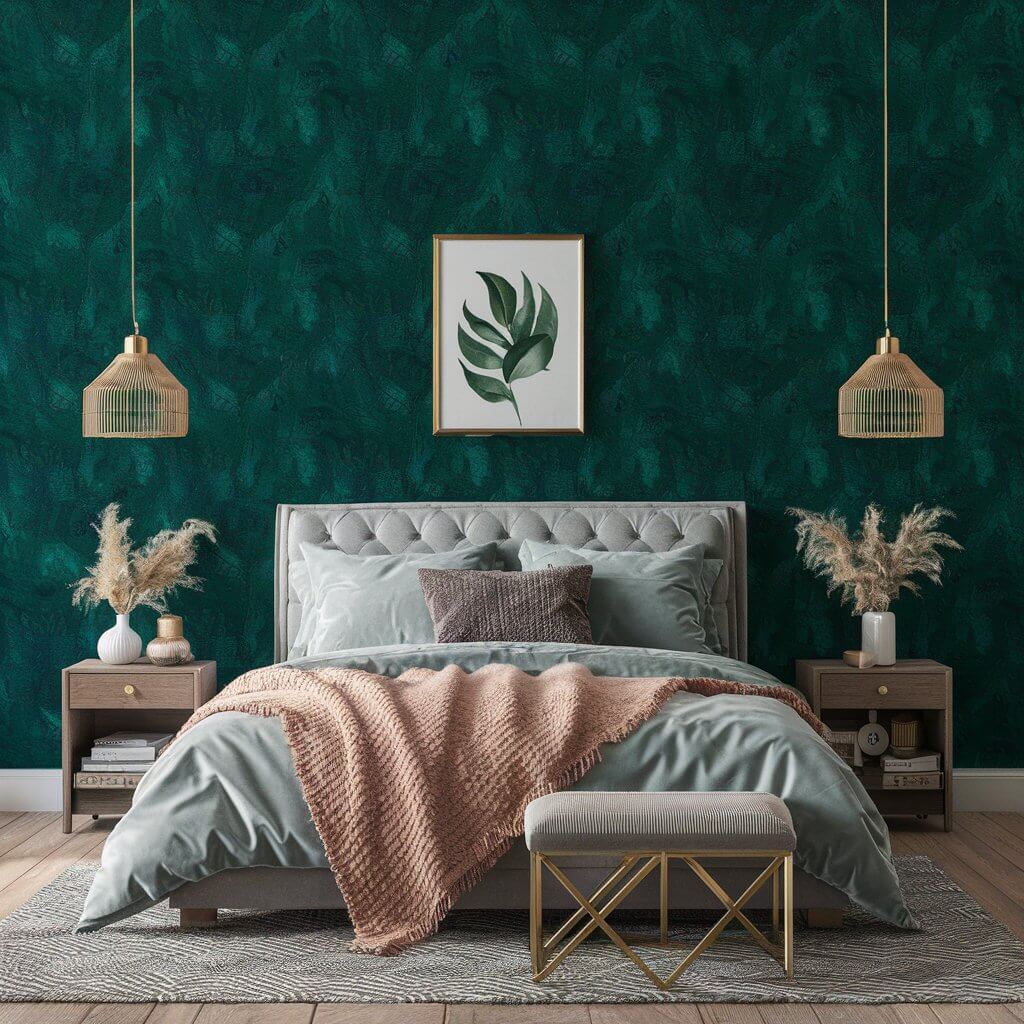 13 Stunning Green Bedroom Wallpaper Ideas You’ll Love 2 Bold Emerald Elegance: A luxurious bedroom showcasing green wallpaper with a striking emerald hue, adding depth and sophistication to the room. The vibrant wall design features intricate patterns that create a statement backdrop, perfectly complementing modern bedroom furniture and decor. Ideal for those seeking unique green bedroom wallpaper ideas that blend bold style with timeless elegance.
