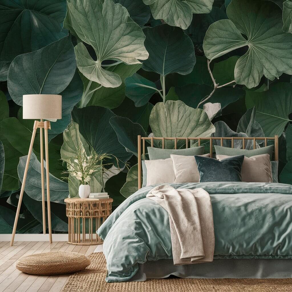 13 Stunning Green Bedroom Wallpaper Ideas You’ll Love 3 Botanical Bliss - A serene green bedroom with nature-inspired wallpaper featuring lush botanical patterns. This calming space showcases modern organic decor with earthy tones, perfect for creating a tranquil and refreshing ambiance. Ideal for those seeking green bedroom wallpaper ideas to enhance their room with a touch of nature and elegance.