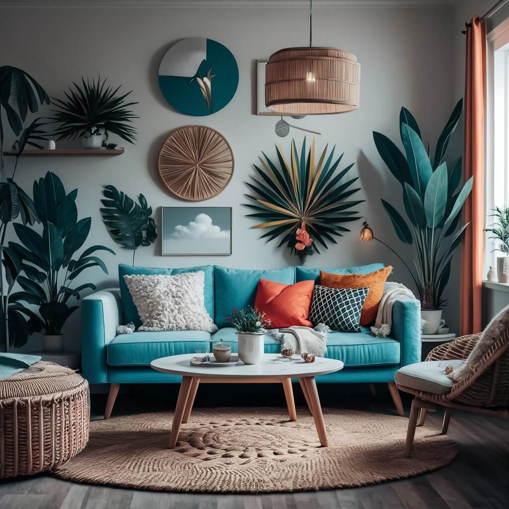 14 Creative Tropical Living Room Ideas to Spice Up Your Home Décor 2 Vibrant tropical living room featuring bright color palettes with lush green plants, colorful throw pillows, and rattan furniture creating a lively and exotic atmosphere. Perfect inspiration for tropical decor enthusiasts looking to bring a fresh, island-inspired vibe to their space.