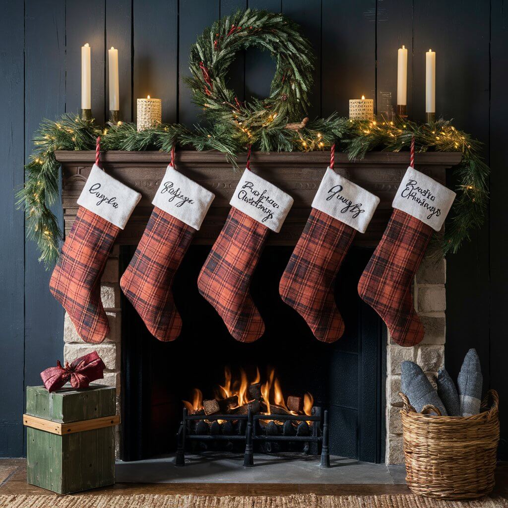 15 Must-Try Rustic Christmas Decor Ideas for a Whimsical Holiday 11 Buffalo plaid stockings hanging by a cozy fireplace adorned with rustic Christmas decor ideas, including natural greenery, wooden accents, and warm lights, creating a festive farmhouse holiday ambiance perfect for a rustic Christmas look.