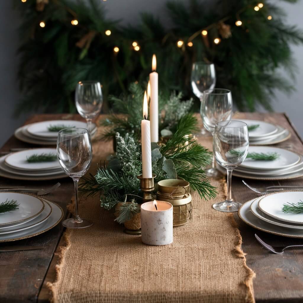 15 Must-Try Rustic Christmas Decor Ideas for a Whimsical Holiday 8 Rustic Christmas decor idea featuring a charming burlap table runner adorned with pinecones, greenery, and red berries. The natural texture of the burlap complements the warm, cozy ambiance of a rustic holiday setting, perfect for farmhouse-style Christmas decorations.