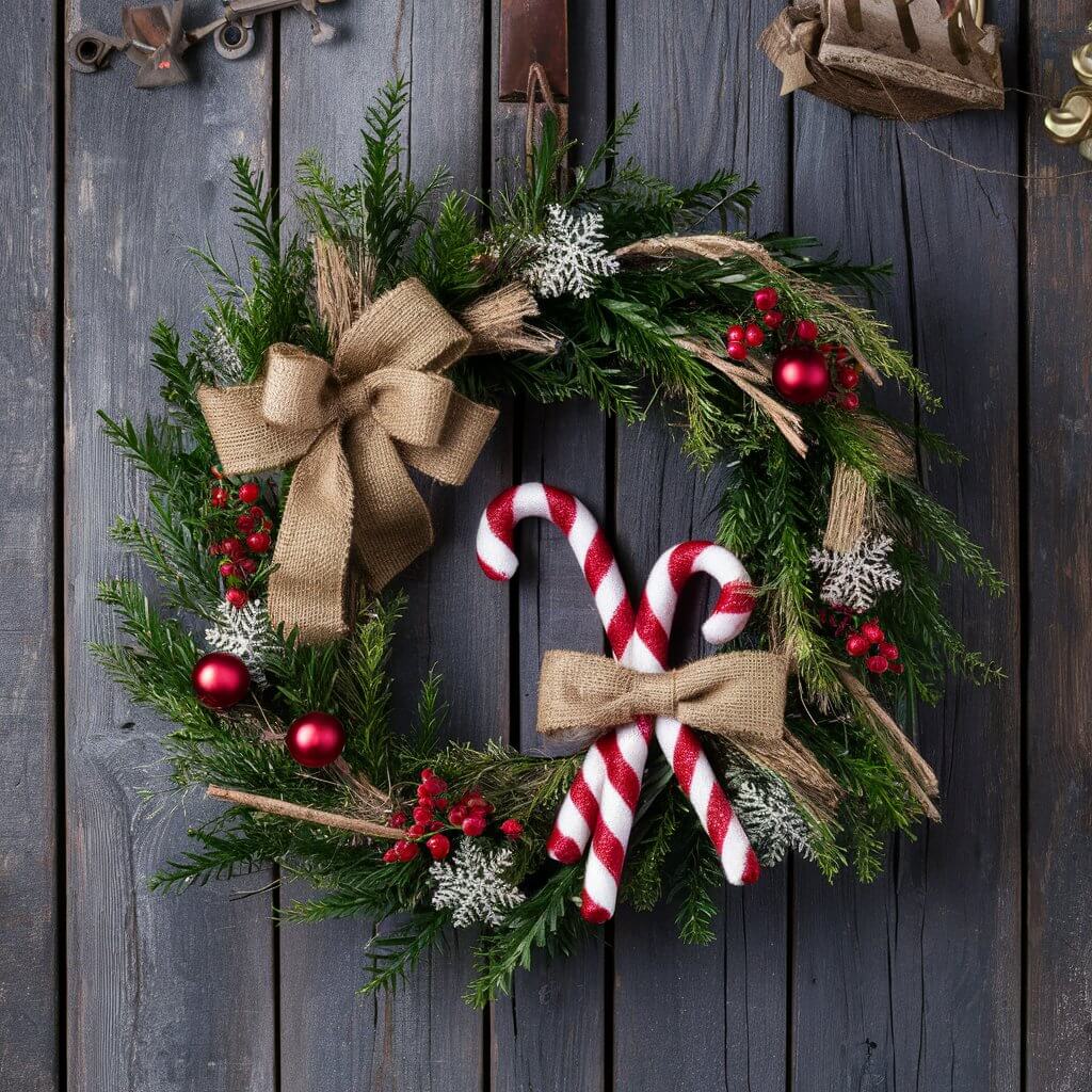 15 Must-Try Rustic Christmas Decor Ideas for a Whimsical Holiday 7 Handcrafted candy cane wreath adorned with red and white ribbons and rustic accents, perfect for adding a touch of traditional charm to your rustic Christmas decor. Ideal for front door decorations or holiday wall displays, this wreath enhances the cozy and festive atmosphere with its vintage, farmhouse-inspired design.