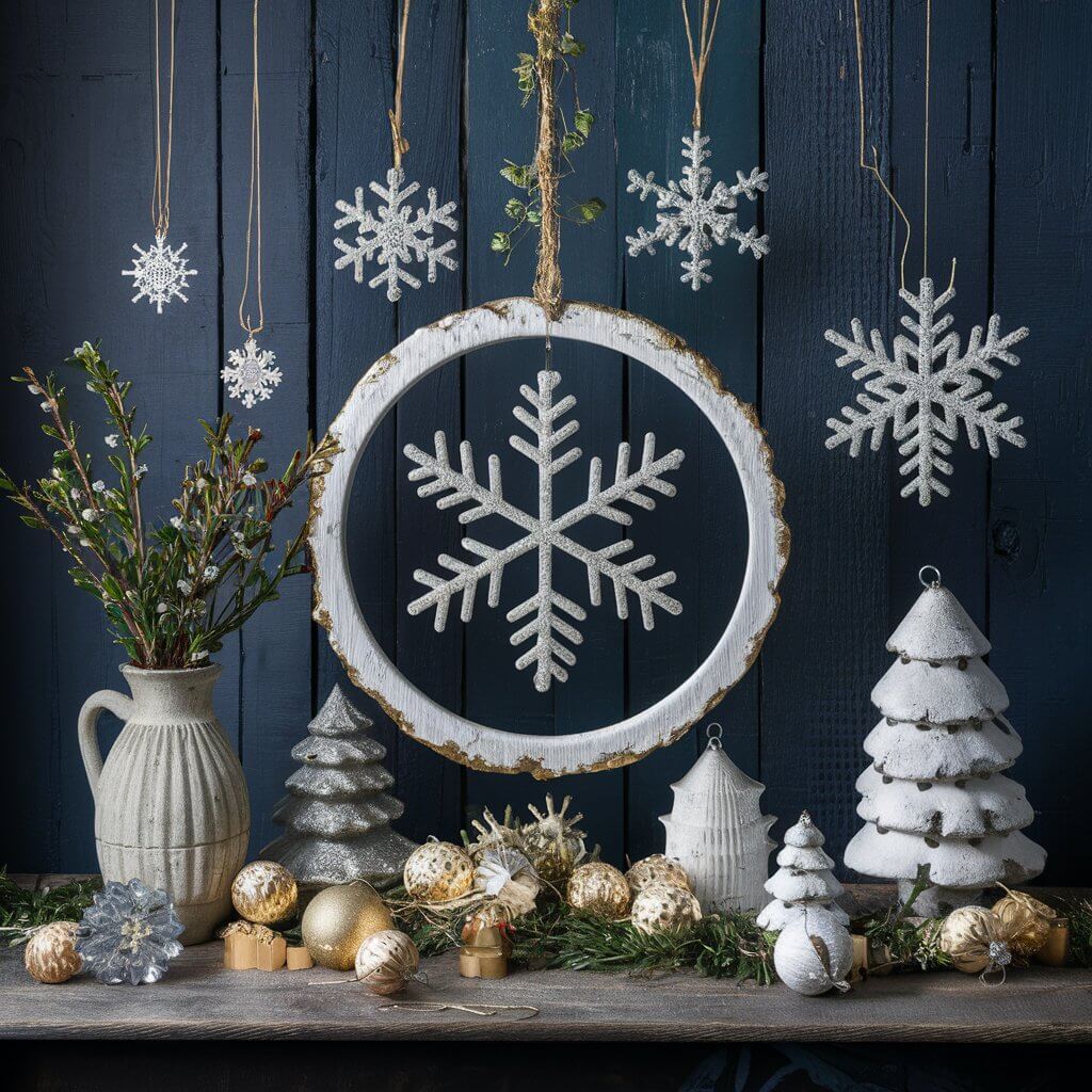 13 Creative White Christmas Decorations Ideas to Make Your Home Sparkle 9 Charming snowflake ornaments as part of white Christmas decorations ideas, showcasing elegant and festive holiday decor with intricate, sparkling designs perfect for a winter wonderland theme.