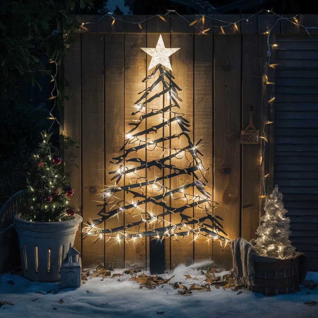 13 Unique Christmas Tree Yard Decoration Ideas for a Magical Holiday 6 Elegant Christmas Tree Silhouette decoration in a festive yard, featuring a glowing outline of a tree adorned with vibrant lights. Perfect for holiday yard decoration ideas, this stunning silhouette adds a magical touch to your outdoor Christmas decor. Ideal for creating a warm, welcoming atmosphere during the holiday season with eye-catching light displays and seasonal charm.
