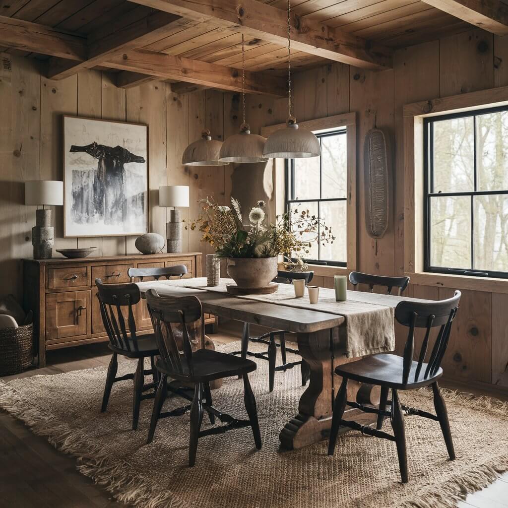 A beautifully crafted Chunky Oak Dining Table in a rustic dining room, showcasing its sturdy design and warm wood tones. The table is surrounded by mismatched wooden chairs, enhancing the cozy farmhouse aesthetic, with natural light streaming through large windows, creating an inviting atmosphere for family gatherings and meals.