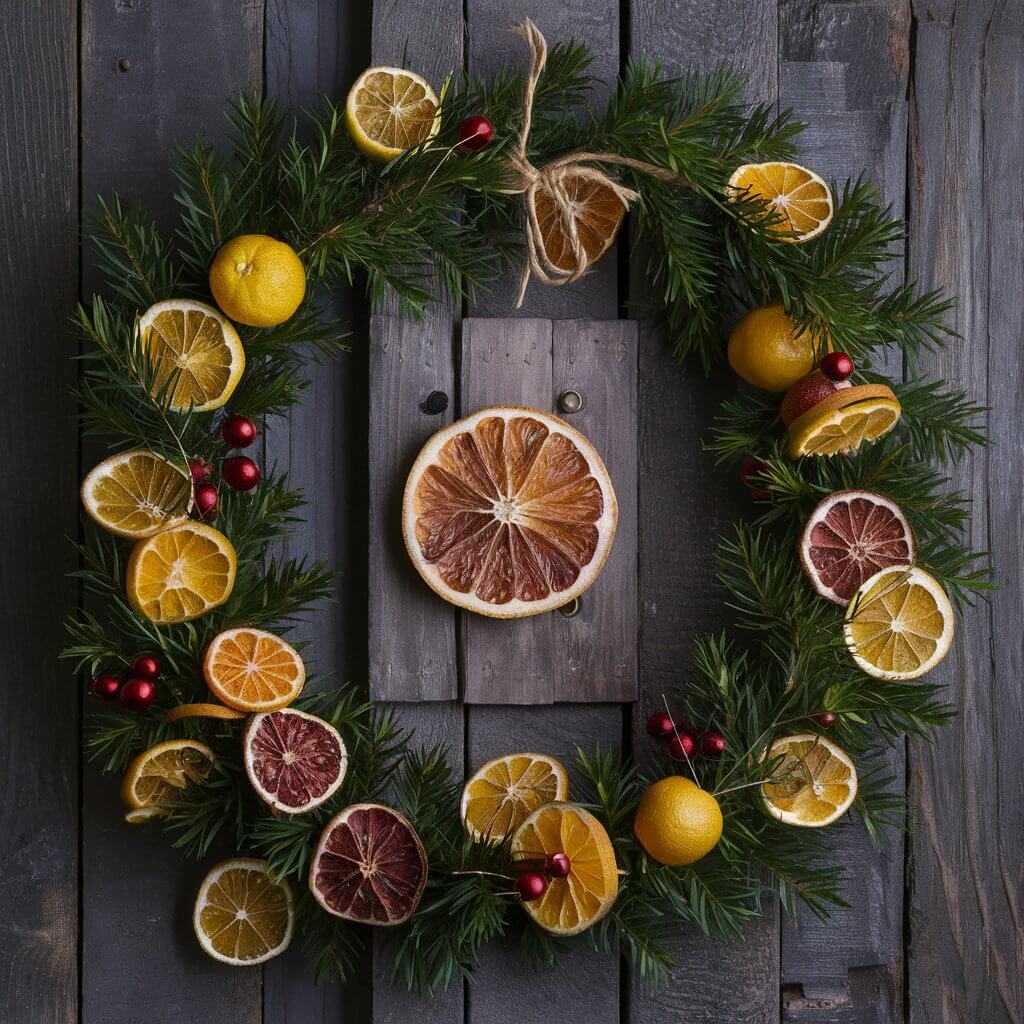15 Must-Try Rustic Christmas Decor Ideas for a Whimsical Holiday 10 Rustic Christmas decor featuring a handmade citrus garland draped across a vintage wooden mantel. The dried orange slices and cinnamon sticks evoke a cozy, natural holiday atmosphere, perfect for adding warm, festive charm to a farmhouse-style home. This DIY citrus garland is an eco-friendly decoration idea, blending rustic elegance with the timeless scent of the season.