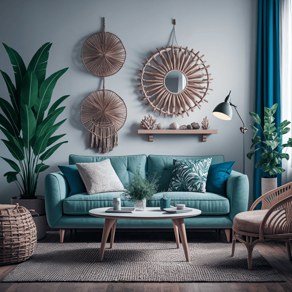 14 Creative Tropical Living Room Ideas to Spice Up Your Home Décor 6 Bright tropical living room featuring coastal accents, including rattan furniture, white linen cushions, and vibrant palm leaf decor. The space is complemented by a neutral color palette with pops of turquoise and green, evoking a serene coastal vibe. Perfect inspiration for tropical living room ideas with beachy charm.