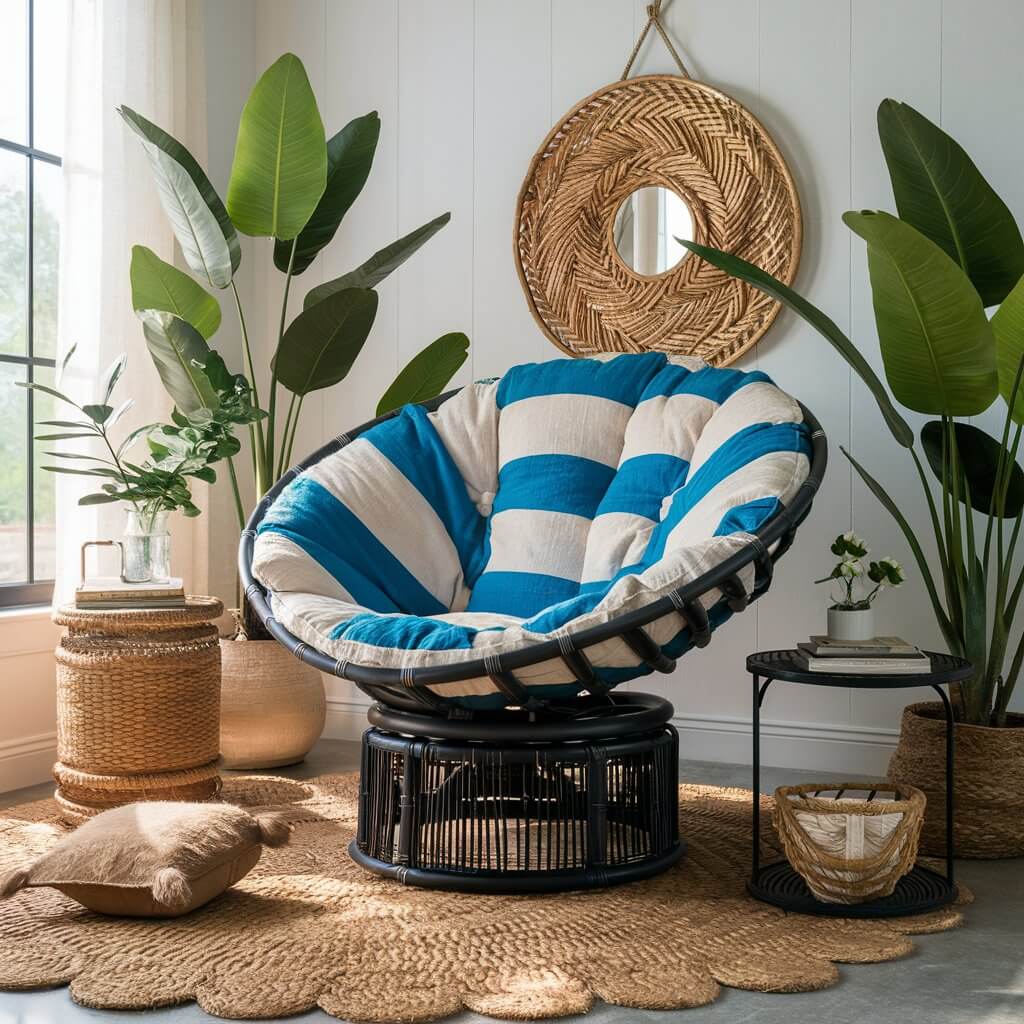 12 Coastal Living Room Chairs Perfect for Lazy Summer Days 3 Coastal striped papasan chair in a bright living room with natural light, featuring a relaxed beachy design, wicker frame, and blue and white striped cushion for a coastal-inspired seating arrangement.