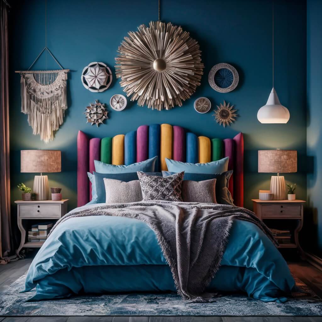 13 Stunning Master Bedroom Headboard Ideas You Need to See 6 Colorful painted headboard showcasing a vibrant mix of bold and pastel hues, adding a unique touch to modern bedroom decor. This creative headboard idea serves as an eye-catching focal point, perfect for enhancing cozy and stylish bedroom designs while highlighting a personalized and artistic vibe.