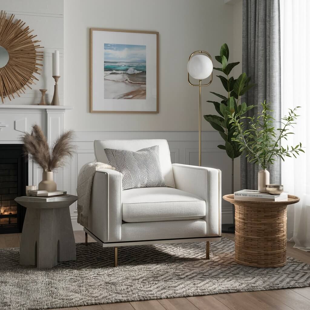 12 Coastal Living Room Chairs Perfect for Lazy Summer Days 12 Stylish coastal living room with a contemporary club chair, featuring light neutral tones, natural textures, and breezy, relaxed vibes. The perfect blend of modern design and beach-inspired decor for a fresh, airy atmosphere.