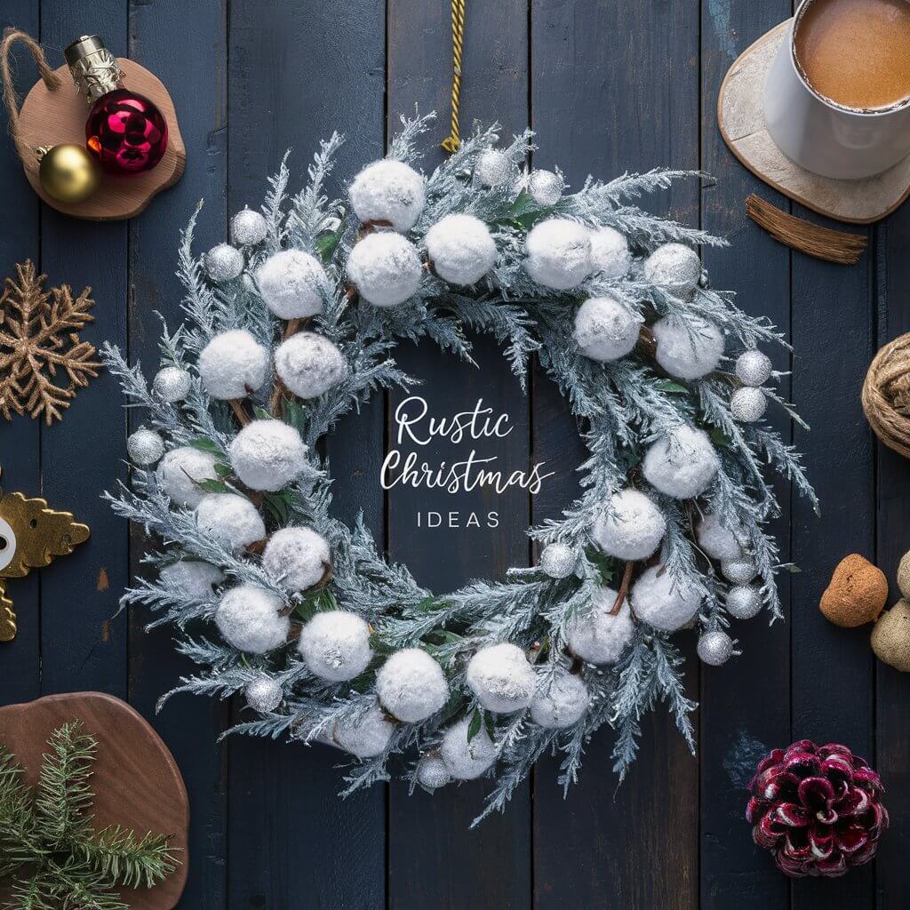 15 Must-Try Rustic Christmas Decor Ideas for a Whimsical Holiday 2 Beautiful cotton wreath as a centerpiece for rustic Christmas decor ideas, adding a touch of natural elegance and farmhouse charm to holiday home decorations. Perfect for creating a cozy, warm, and inviting festive atmosphere.