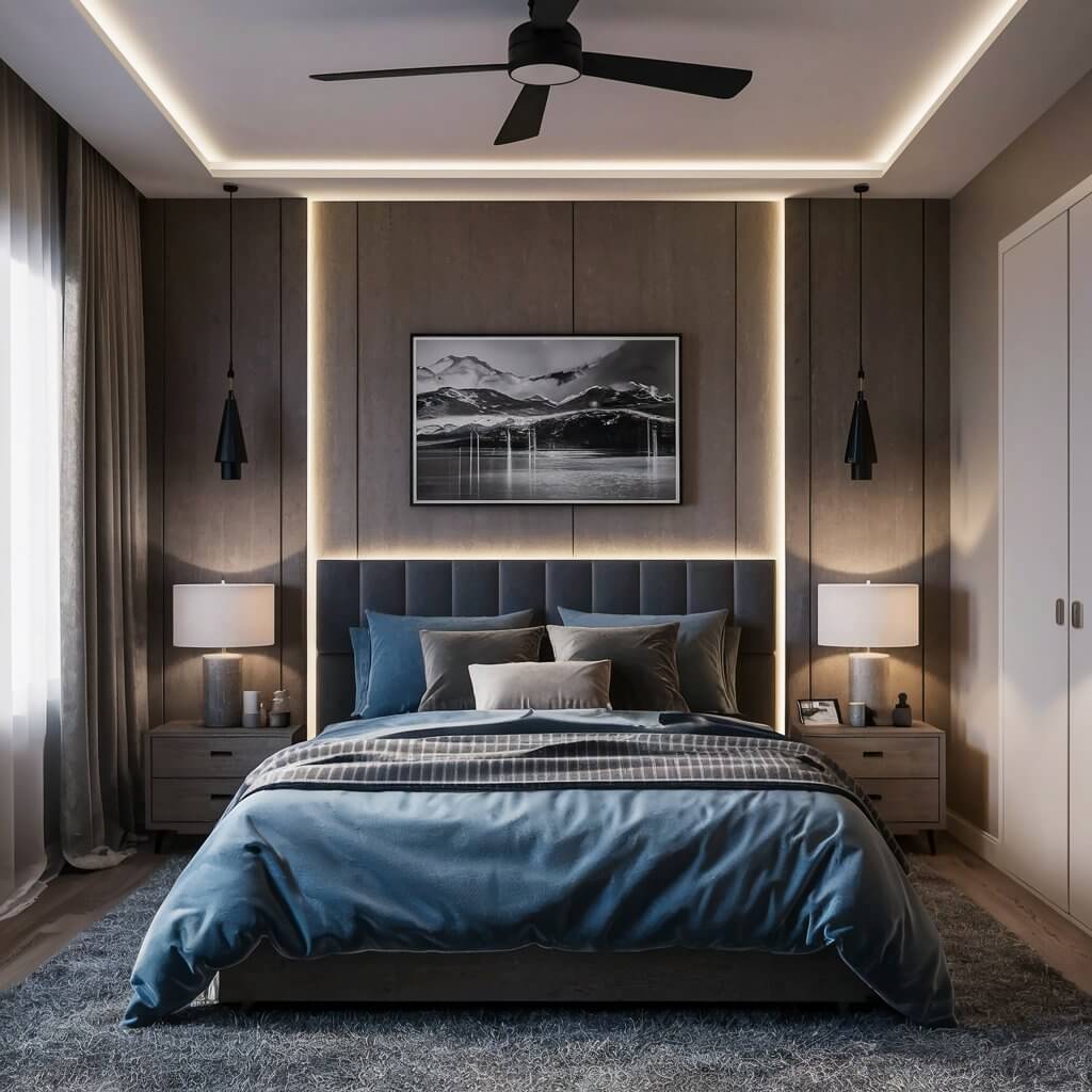 13 Creative Small Bedroom Lighting Ideas to Brighten Your Space 5 Small bedroom lighting idea featuring soft, ambient cove lighting behind the headboard, creating a cozy, illuminated focal point in a compact space. This elegant lighting solution adds depth and warmth to a small bedroom while maximizing relaxation and ambiance. Ideal for modern or minimalist bedroom decor, cove lighting enhances both function and style, making a small bedroom feel more spacious and inviting.