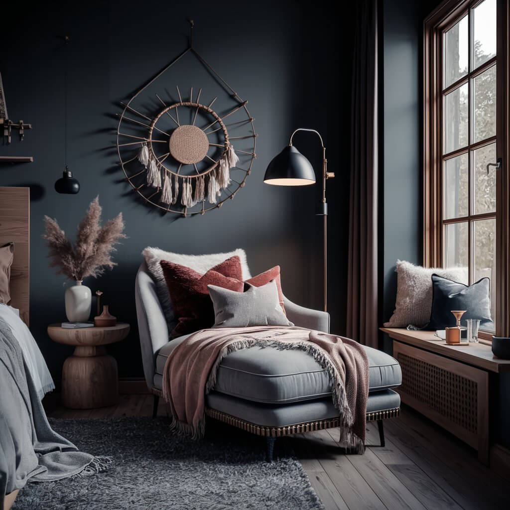 13 Dark Boho Bedroom Ideas That Will Inspire Your Next Redecorating Project 7 Cozy reading nook in a dark boho bedroom with layered textiles, earthy tones, and eclectic decor. The space features a plush chair, warm throw blankets, and an assortment of cushions, creating an inviting corner perfect for relaxation. Surrounded by potted plants and vintage-inspired accents, the nook highlights a blend of bohemian and moody design elements that enhance the room's cozy ambiance.