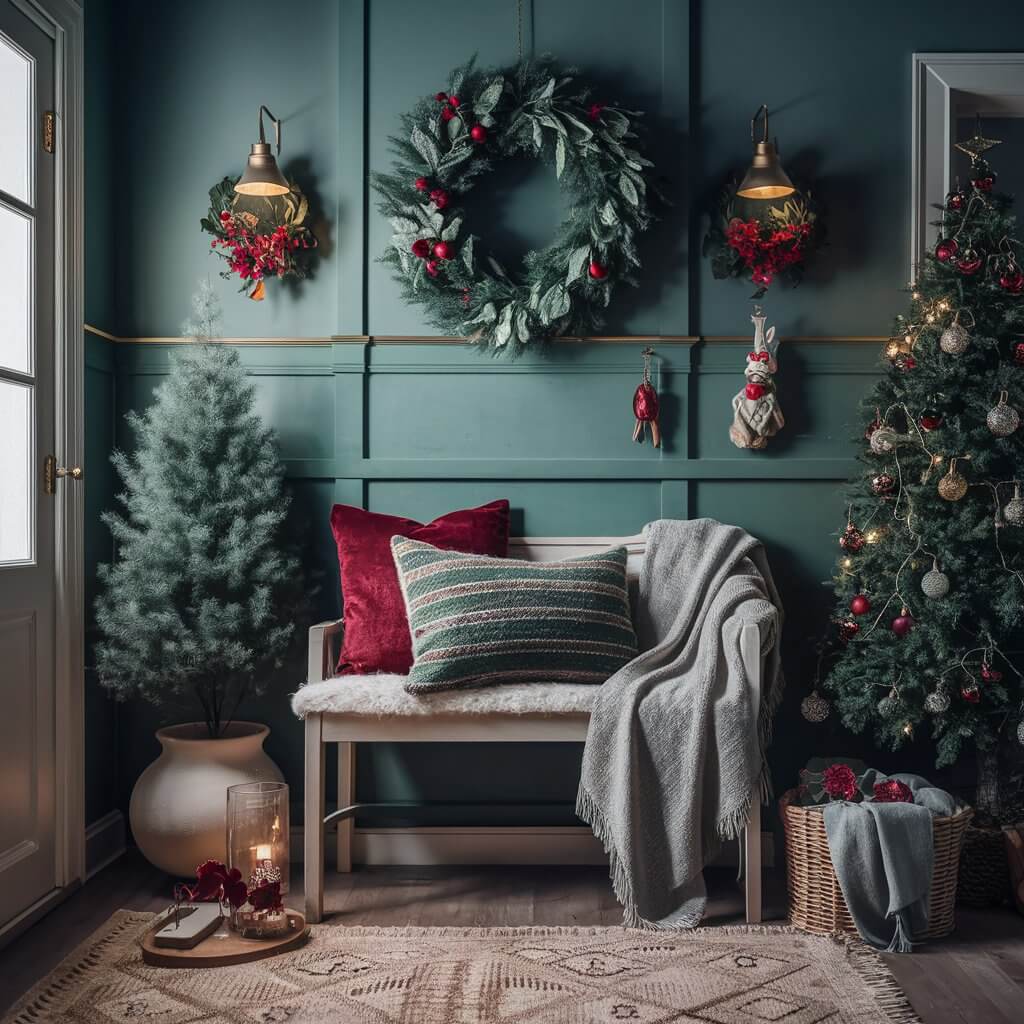 13 Must-Try Christmas Entryway Décor Ideas for a Warm Welcome 4 A warm Christmas entryway featuring cozy textiles, including a plush rug, soft throw blankets, and decorative pillows with festive patterns. The space is adorned with string lights, garland, and a welcoming wreath, creating a cozy, inviting ambiance perfect for the holiday season.