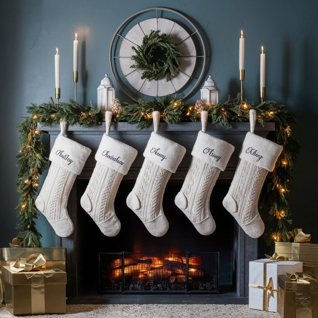 13 Creative White Christmas Decorations Ideas to Make Your Home Sparkle 3 Cozy white stockings hanging by a decorated fireplace surrounded by white Christmas decorations, including garlands, twinkling fairy lights, and elegant white ornaments, creating a warm and festive holiday atmosphere. Perfect for adding a touch of cozy sophistication to a winter holiday home.