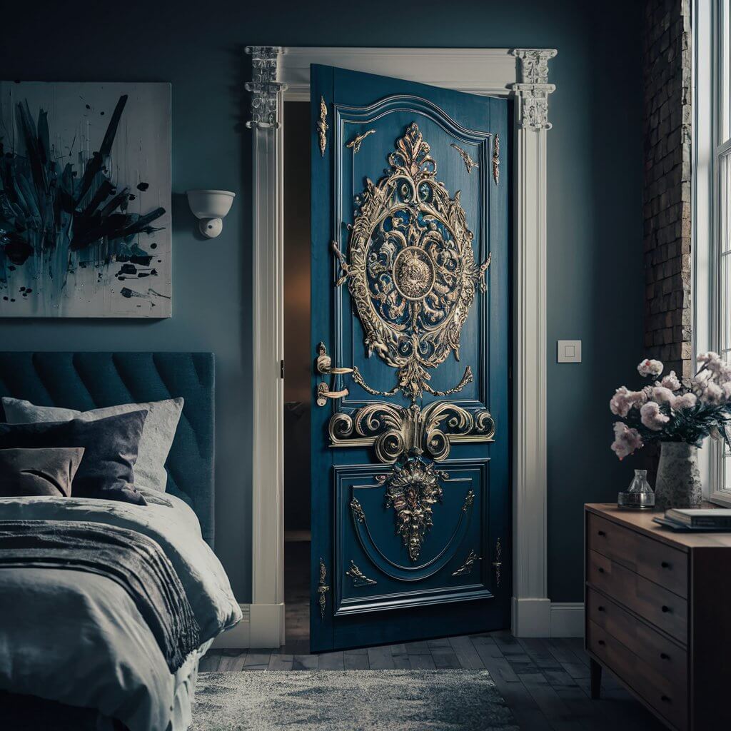 12 Modern Bedroom Door Ideas to Elevate Your Interior Design 12 A beautifully designed custom artistic door showcasing intricate patterns and vibrant colors, perfect for elevating bedroom aesthetics. This unique door idea adds a touch of creativity and personalization to any bedroom, enhancing both style and functionality. Explore various artistic designs to transform your bedroom space with custom doors that reflect your individual taste.