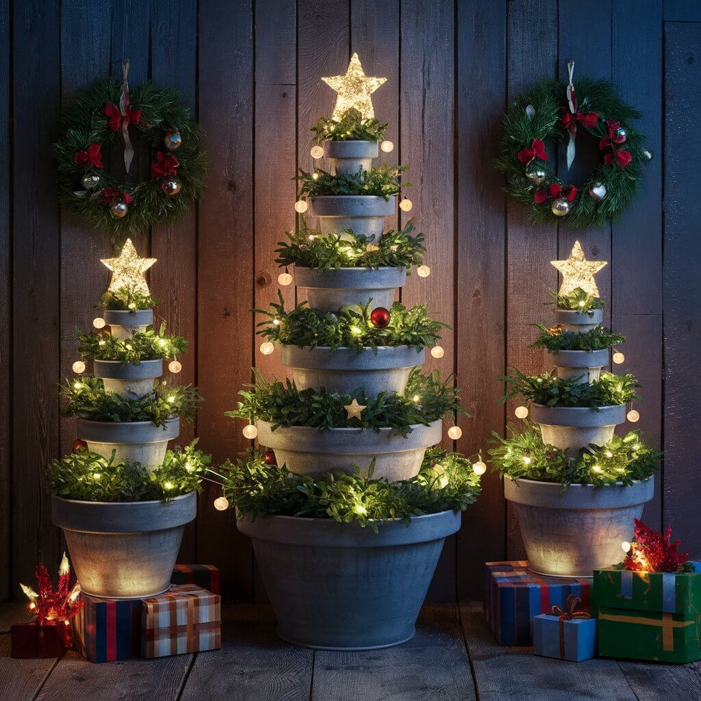 13 Unique Christmas Tree Yard Decoration Ideas for a Magical Holiday 12 Festive DIY Christmas tree planters as part of a creative yard decoration idea, featuring lush greenery adorned with twinkling lights and holiday ornaments, set against a snowy outdoor backdrop. Perfect for enhancing your Christmas yard decor with personalized, handcrafted touches.
