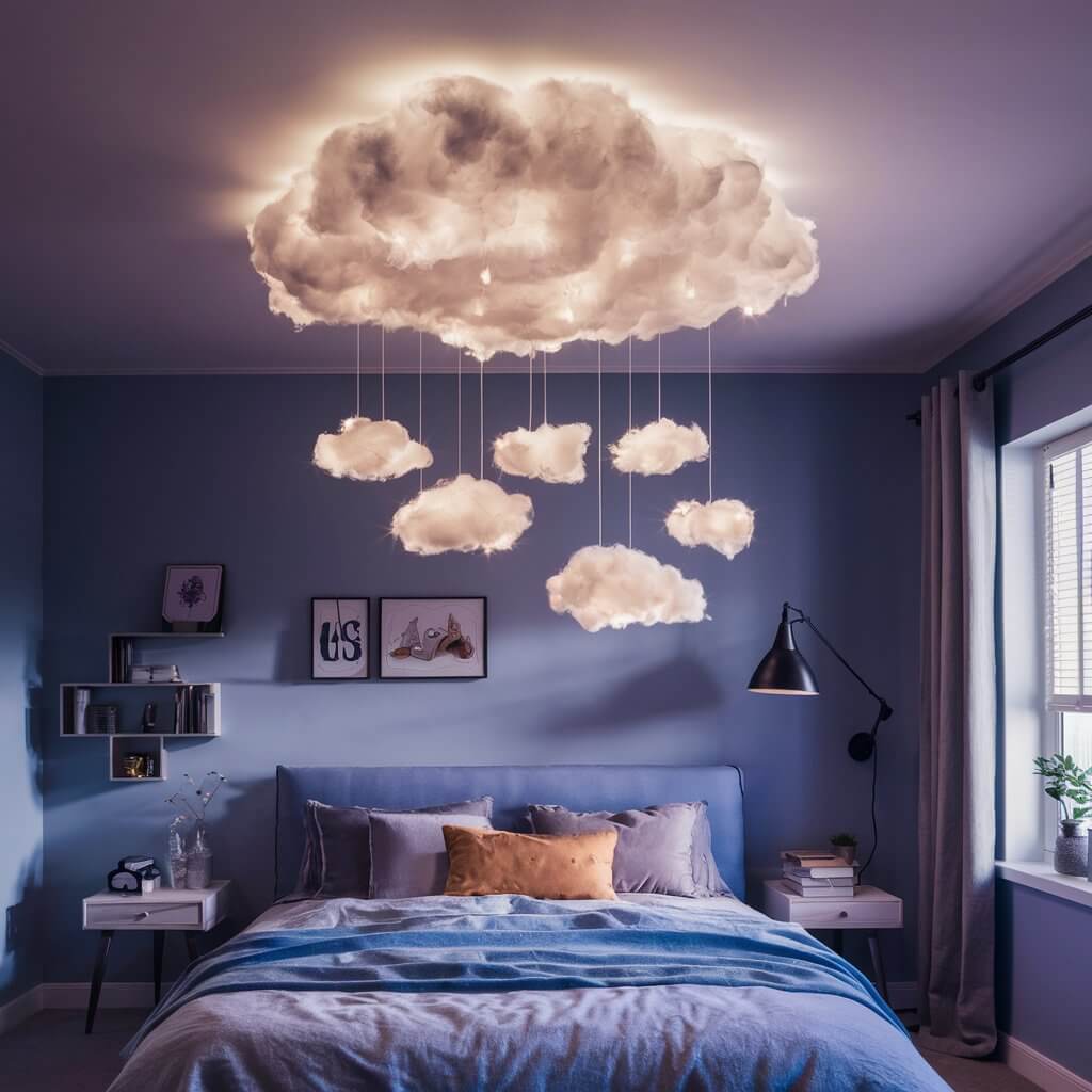 13 Creative Small Bedroom Lighting Ideas to Brighten Your Space 8 DIY cloud ceiling light illuminating a cozy small bedroom, showcasing a creative lighting idea that adds a soft, dreamy ambiance. Perfect for enhancing small bedroom lighting, this unique cloud light fixture creates a whimsical atmosphere ideal for modern, space-saving designs. Discover DIY lighting solutions that make small bedrooms feel brighter and more spacious with stylish ceiling lights.