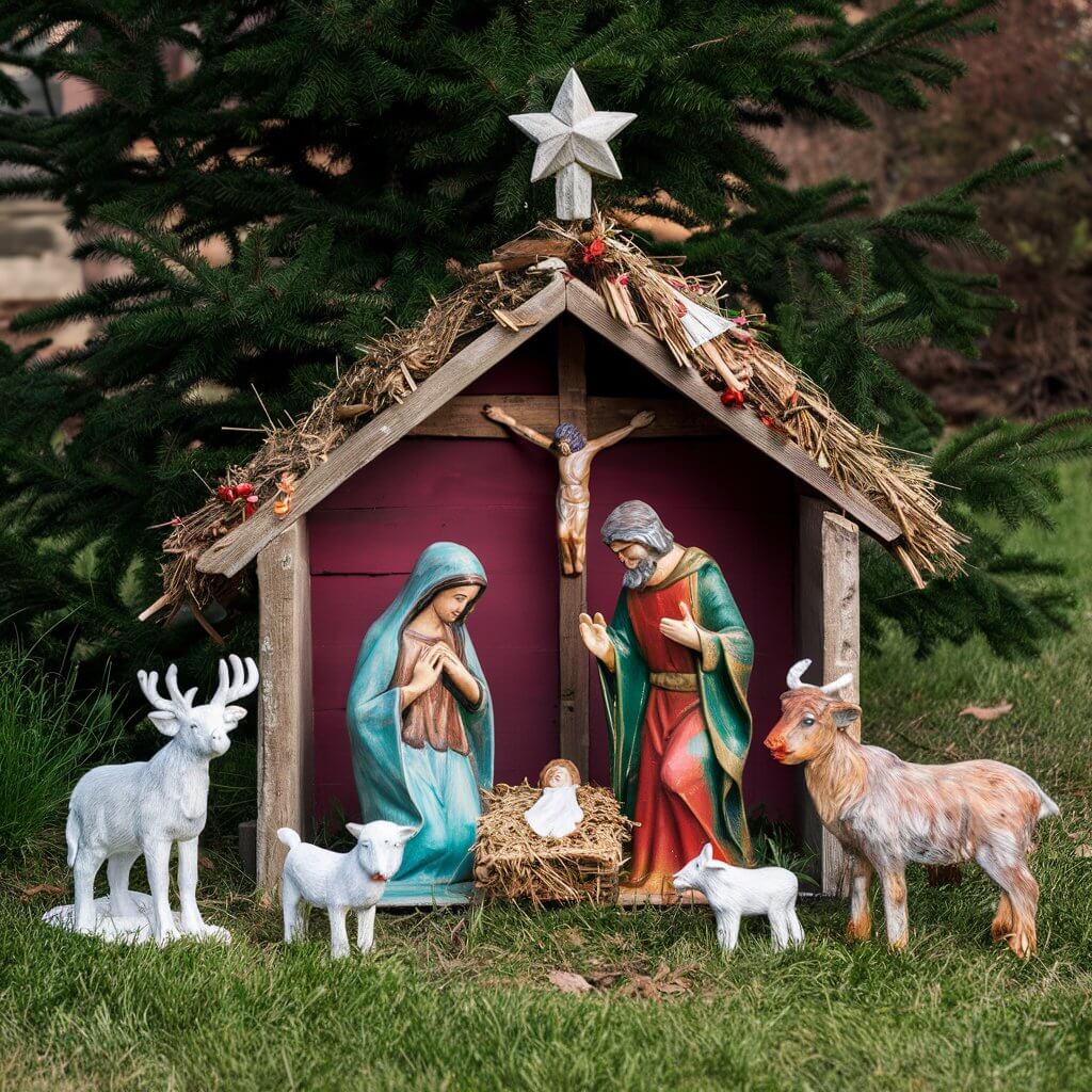 13 Unique Christmas Tree Yard Decoration Ideas for a Magical Holiday 7 DIY Nativity Scene for Christmas Tree Yard Decoration Ideas featuring hand-crafted wooden figures, a rustic manger, and twinkling string lights for a festive outdoor display. Perfect for creating a warm, traditional Christmas atmosphere in your yard, this DIY nativity scene brings a personal, spiritual touch to your holiday decorations. Ideal for those looking to add a meaningful and charming outdoor Christmas setup with easy-to-make DIY elements.