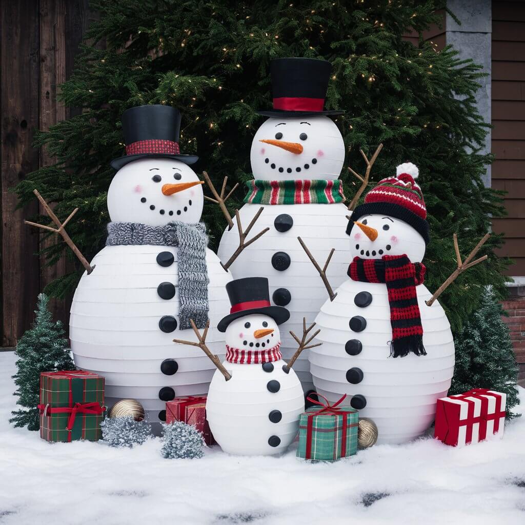 13 Unique Christmas Tree Yard Decoration Ideas for a Magical Holiday 9 Creative DIY Snowman Family Christmas tree yard decoration ideas featuring three charming snowmen made from white fabric, scarves, and accessories. Perfect for adding a festive touch to your front yard during the holiday season. These snowmen bring warmth and cheer, ideal for family-friendly outdoor Christmas displays. Enhance your yard with unique, handmade Christmas decorations that spread holiday joy and create a welcoming atmosphere for all to enjoy.