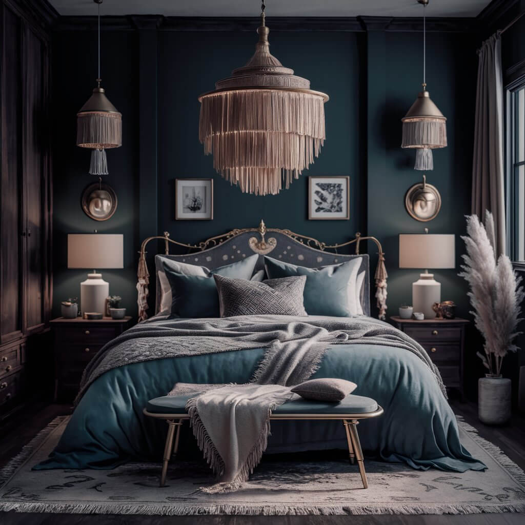 13 Dark Boho Bedroom Ideas That Will Inspire Your Next Redecorating Project 12 Dark boho bedroom ideas featuring deep color accents like rich burgundy, navy, and charcoal tones, creating a cozy and dramatic atmosphere. The design incorporates vintage-inspired furniture, lush textiles, and moody lighting, enhancing the bohemian aesthetic with a sophisticated dark color palette. Perfect for those seeking a serene yet striking bedroom retreat with dark color accents and a touch of boho charm.
