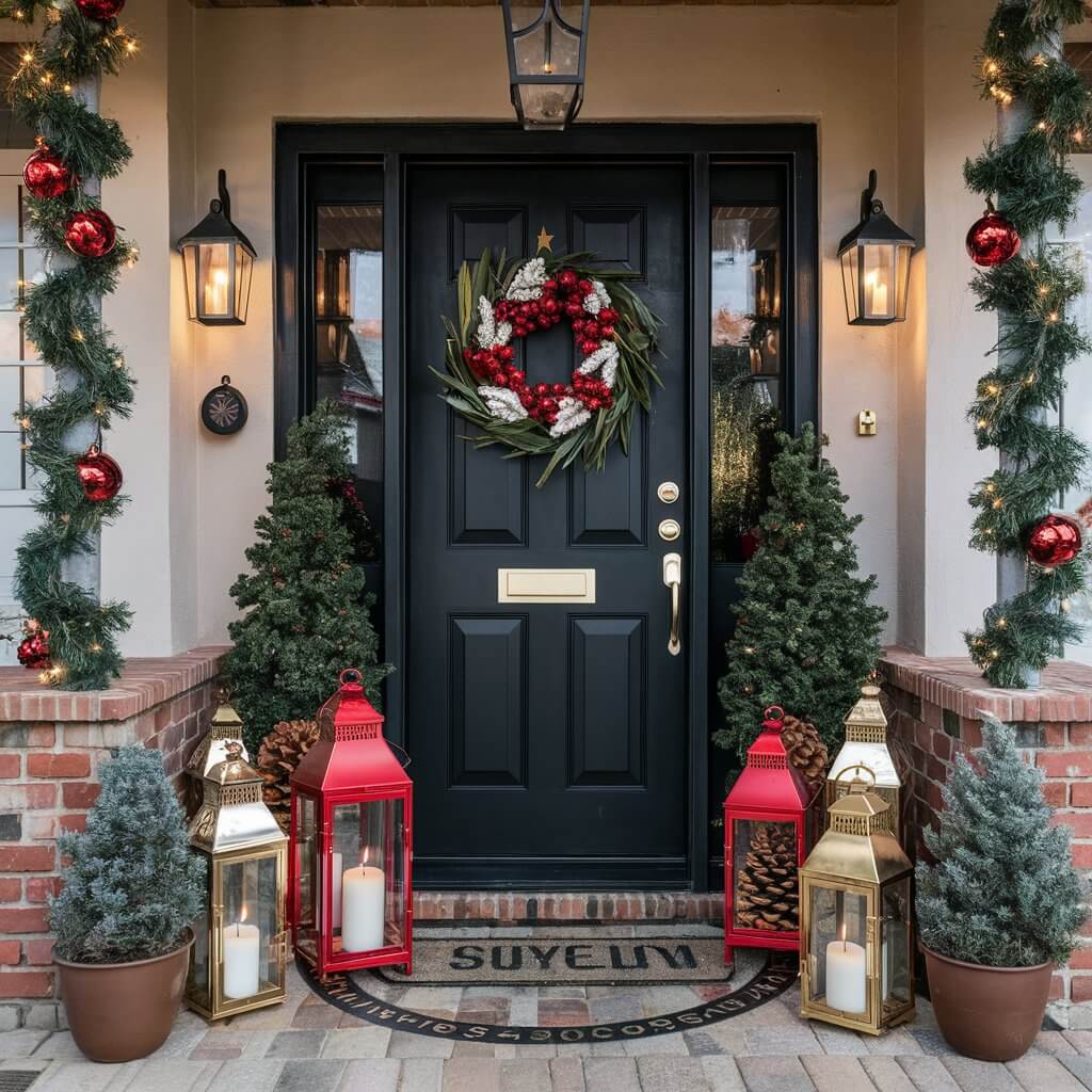 13 Must-Try Christmas Entryway Décor Ideas for a Warm Welcome 5 Festive Christmas entryway decorated with elegant decorative lanterns, glowing with warm, ambient light. The lanterns are arranged alongside garlands of evergreen branches, pinecones, and red berries, creating a cozy, inviting holiday atmosphere. This charming display showcases a welcoming, seasonal touch perfect for enhancing your Christmas entryway decor ideas.