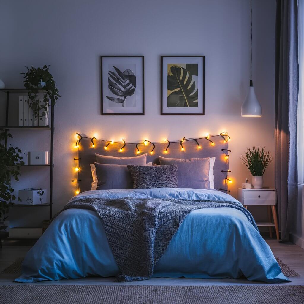 13 Creative Small Bedroom Lighting Ideas to Brighten Your Space 6 Small bedroom lighting idea featuring decorative lights around the headboard, creating a cozy, ambient glow that enhances the room's warmth and charm. Ideal for compact spaces, these soft, illuminating string lights provide a stylish yet functional touch, perfect for adding personality and depth to a small bedroom. Optimize your bedroom decor with these space-saving lighting solutions that beautifully frame the headboard, making the room feel inviting and intimate.