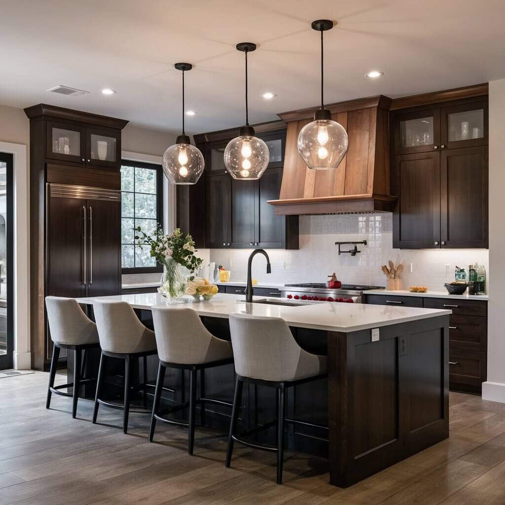 13 Kitchen Lighting Design Ideas That Will Illuminate Your Space 8 Modern kitchen featuring dimmer switch lighting for mood control, creating a versatile ambiance for cooking, dining, and entertaining. This adjustable kitchen lighting idea allows for customized brightness levels, perfect for setting a cozy, inviting atmosphere or brightening the workspace. Ideal for homeowners seeking energy-efficient kitchen lighting solutions with a stylish, functional design.