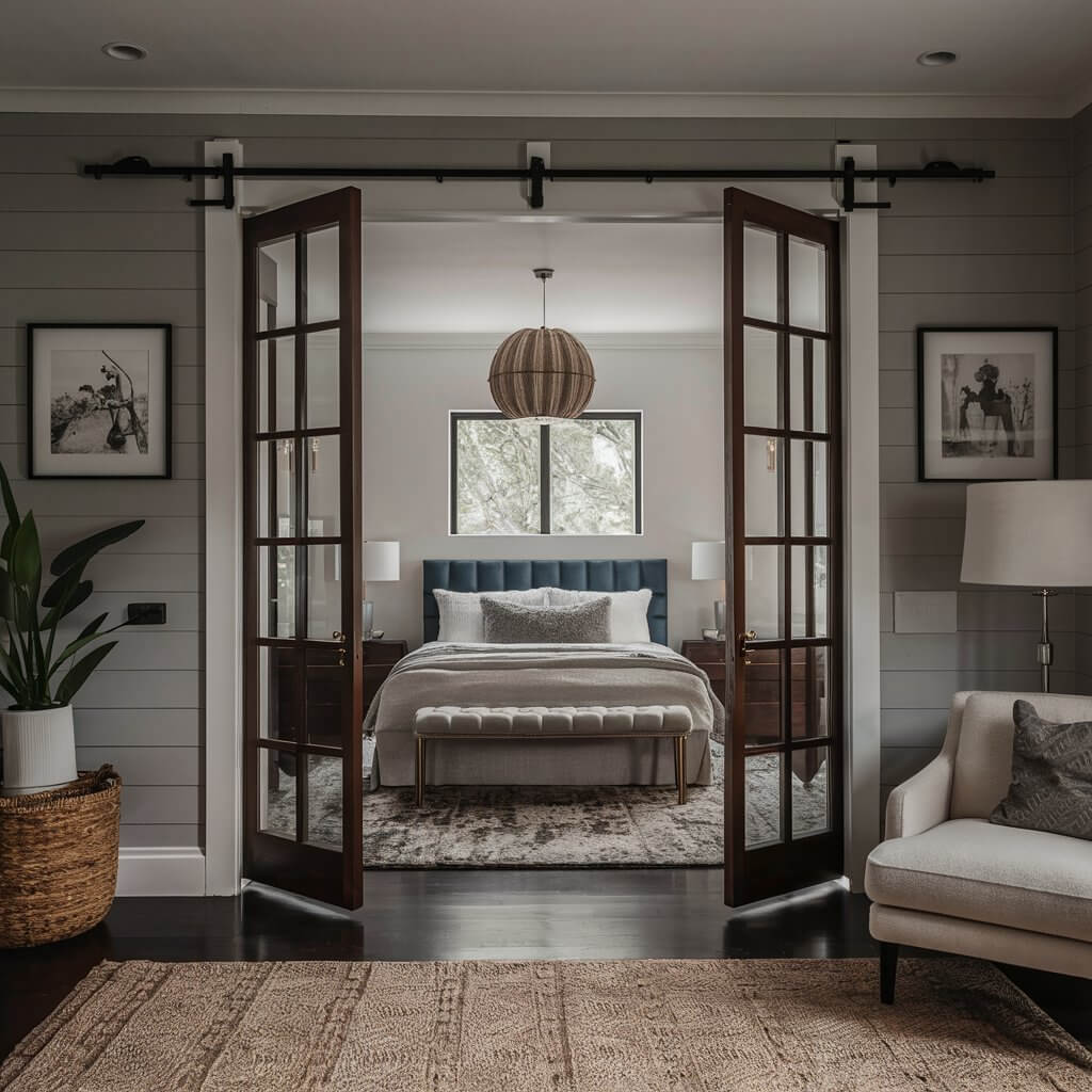 12 Modern Bedroom Door Ideas to Elevate Your Interior Design 7 Elegant double doors in a bedroom, showcasing a stylish entryway that adds sophistication and charm to the space. This bedroom door design features classic wood panels with sleek hardware, creating a timeless look that enhances both privacy and style. Ideal for those seeking elegant bedroom door ideas, these double doors bring a luxurious touch, perfect for modern, traditional, or rustic decor styles.